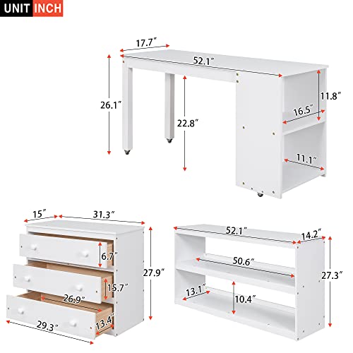 White Full High-Grade Pinewood Low Study Loft Bed with Desk, Cabinet, Bookshelf, Rolling Portable Desk, Full-Length Guardrail T412426