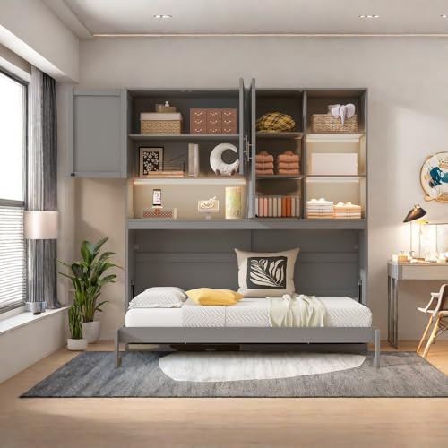 Twin Size Gray Murphy Bed Frame with Storage Cabinet and Shelves T8879