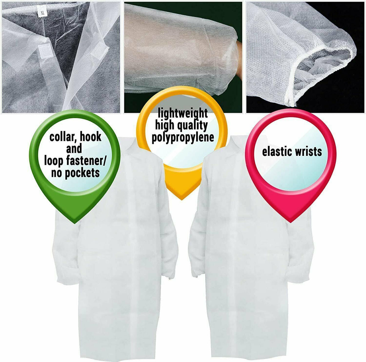 50 Pack White Disposable Polypropylene Lab Coats X-Large B9512