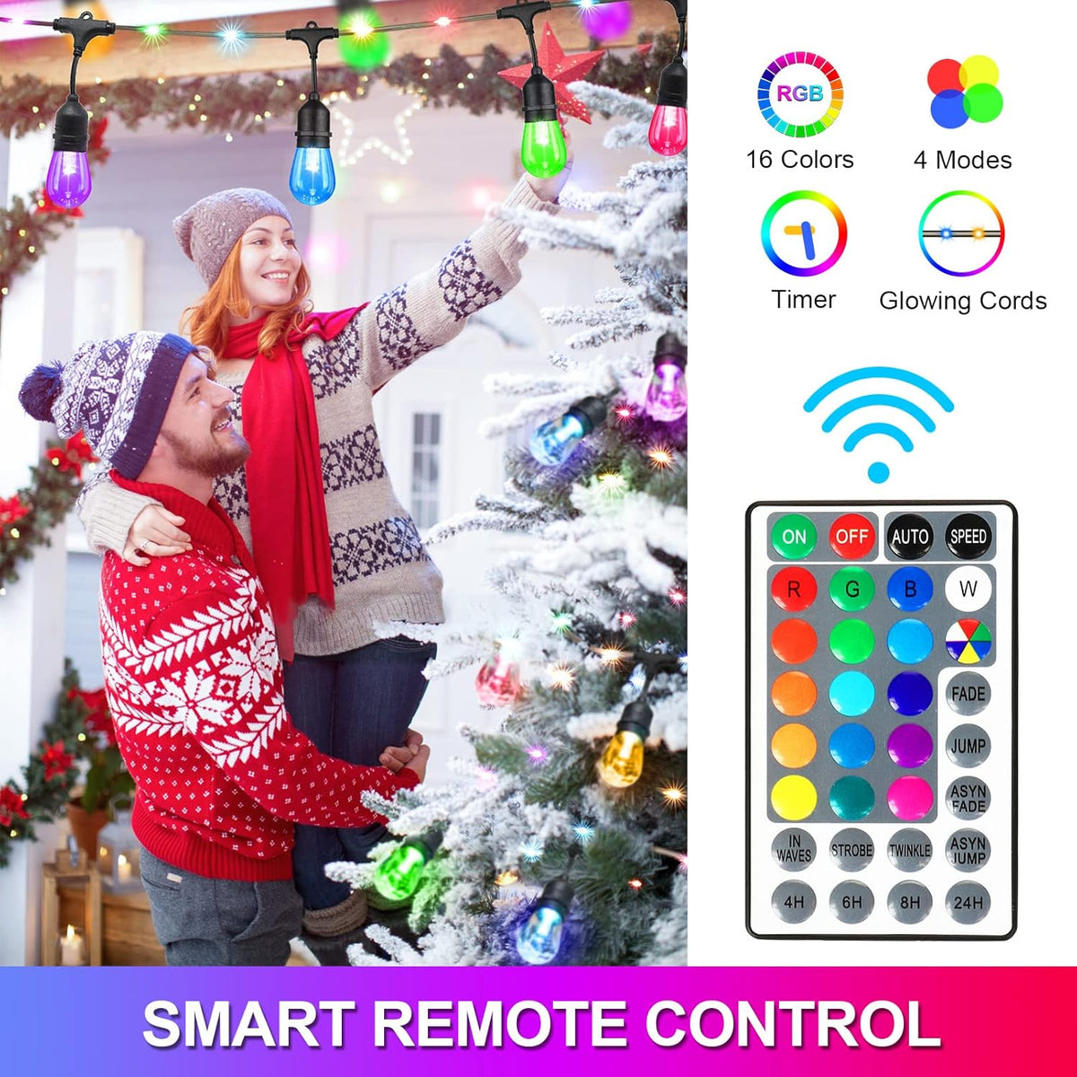 48FT RGB LED String Lights with Remote, Waterproof Edison Bulb Outdoor Lights T348