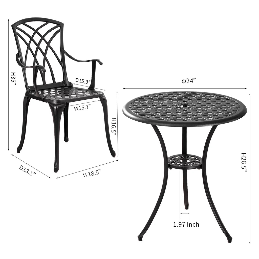 3-Piece Cast Aluminum Patio Bistro Set with Umbrella Hole Y270