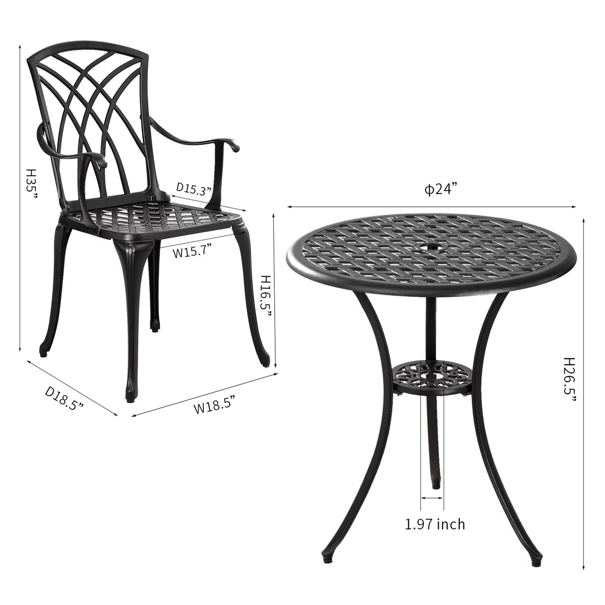 3-Piece Cast Aluminum Patio Bistro Set with Umbrella Hole Y270
