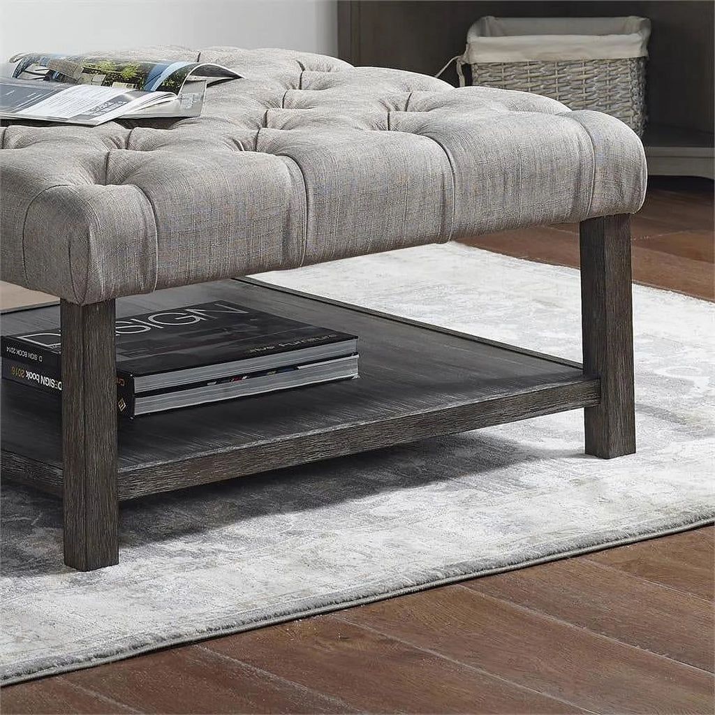 Wood Ottoman in Antique Washed Gray and Light Gray J8845