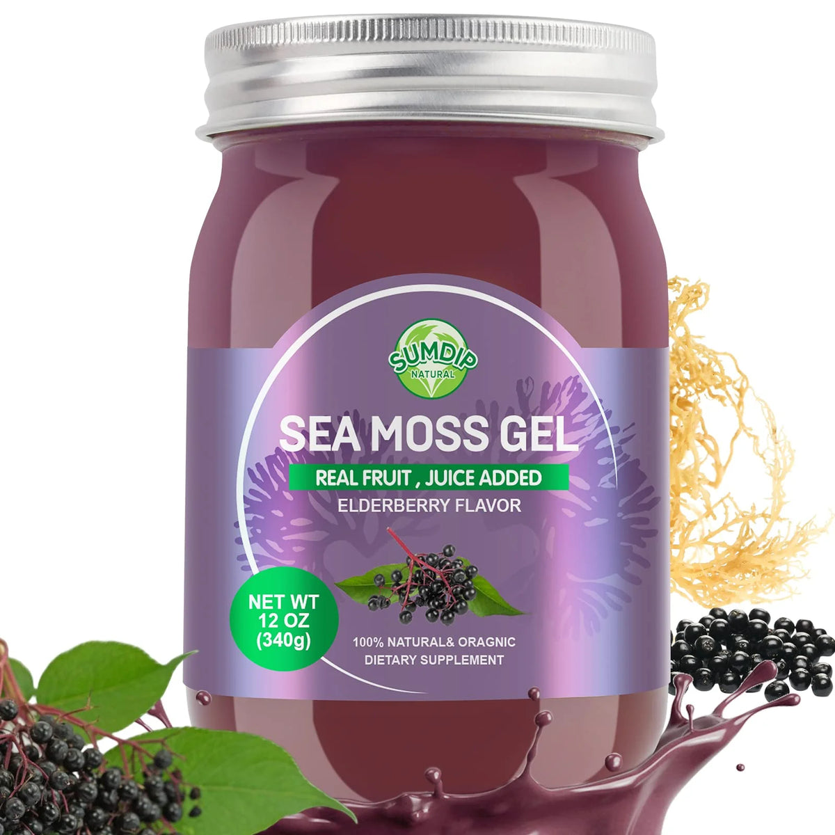 Organic Raw Wildcrafted Sea Moss Gel Elderberry Mixed Berry 12oz Z4394