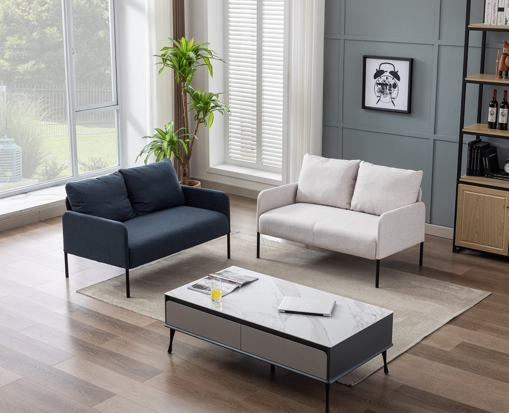 Blue Fabric Two Seats Sofa with Two Pillow and Metal Feet C62694