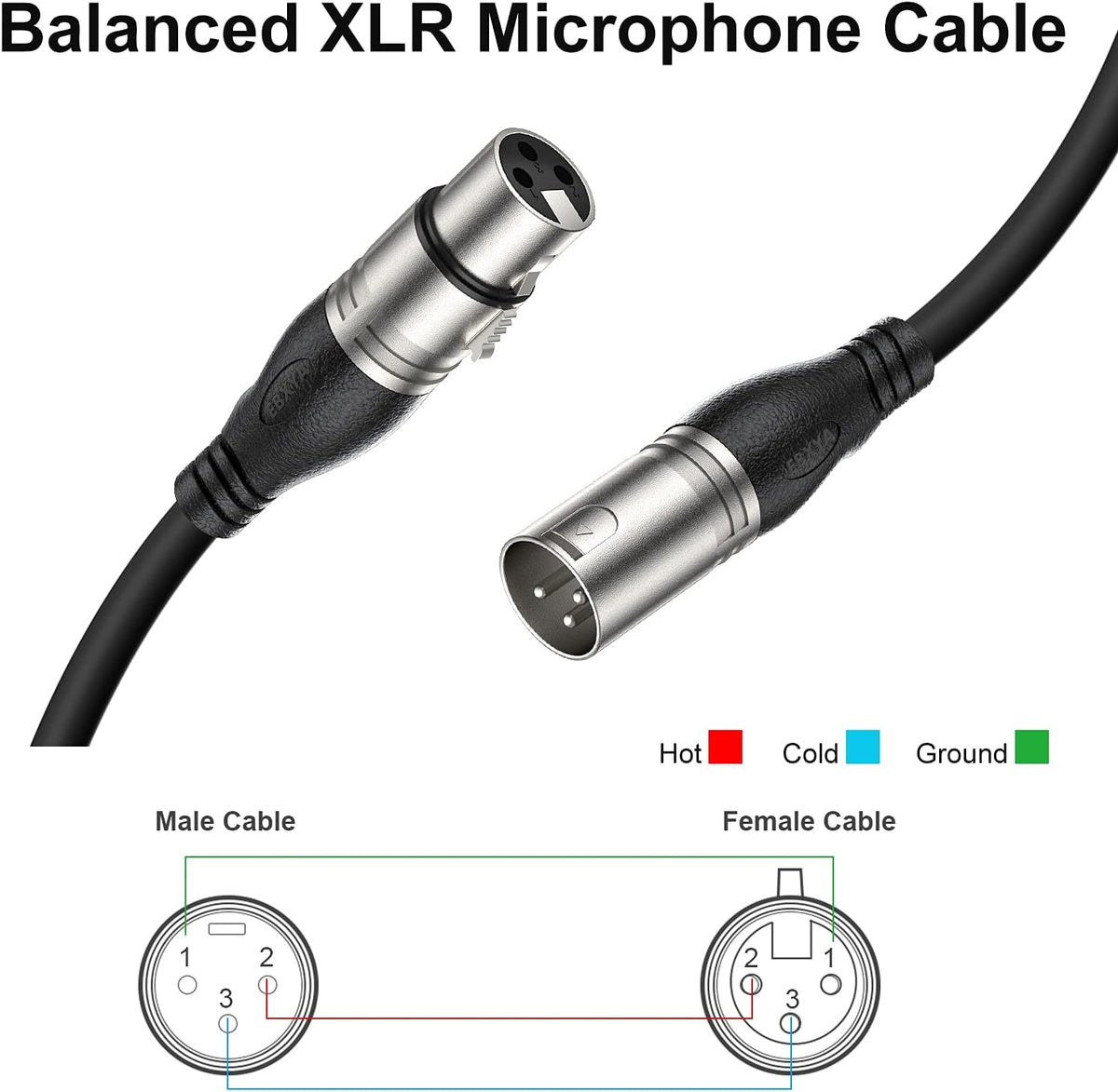 XLR Cable 50ft Pack of 2, 3-Pin Male to Female Microphone Cable K3268