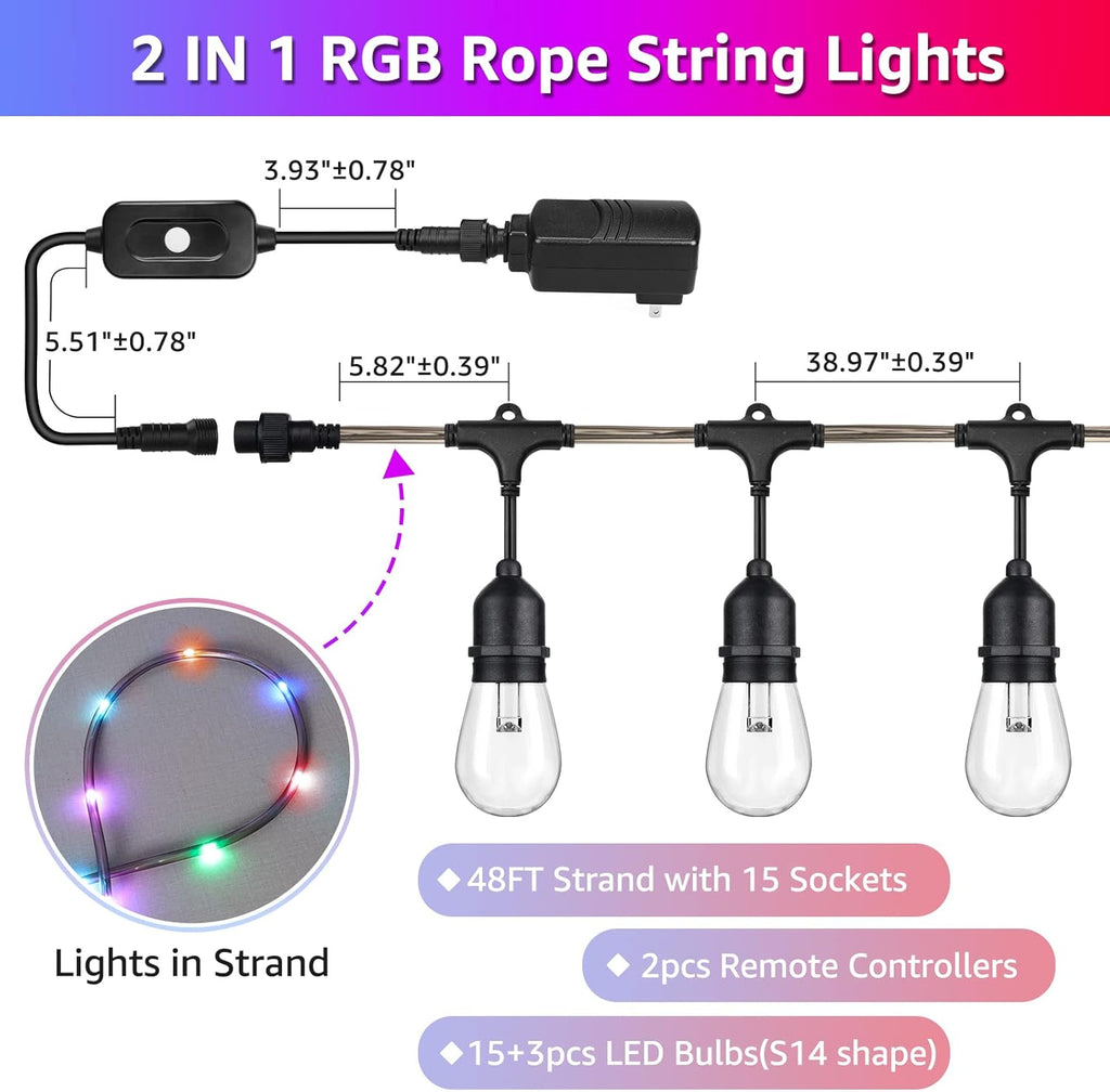 48FT RGB LED String Lights with Remote, Waterproof Edison Bulb Outdoor Lights T348