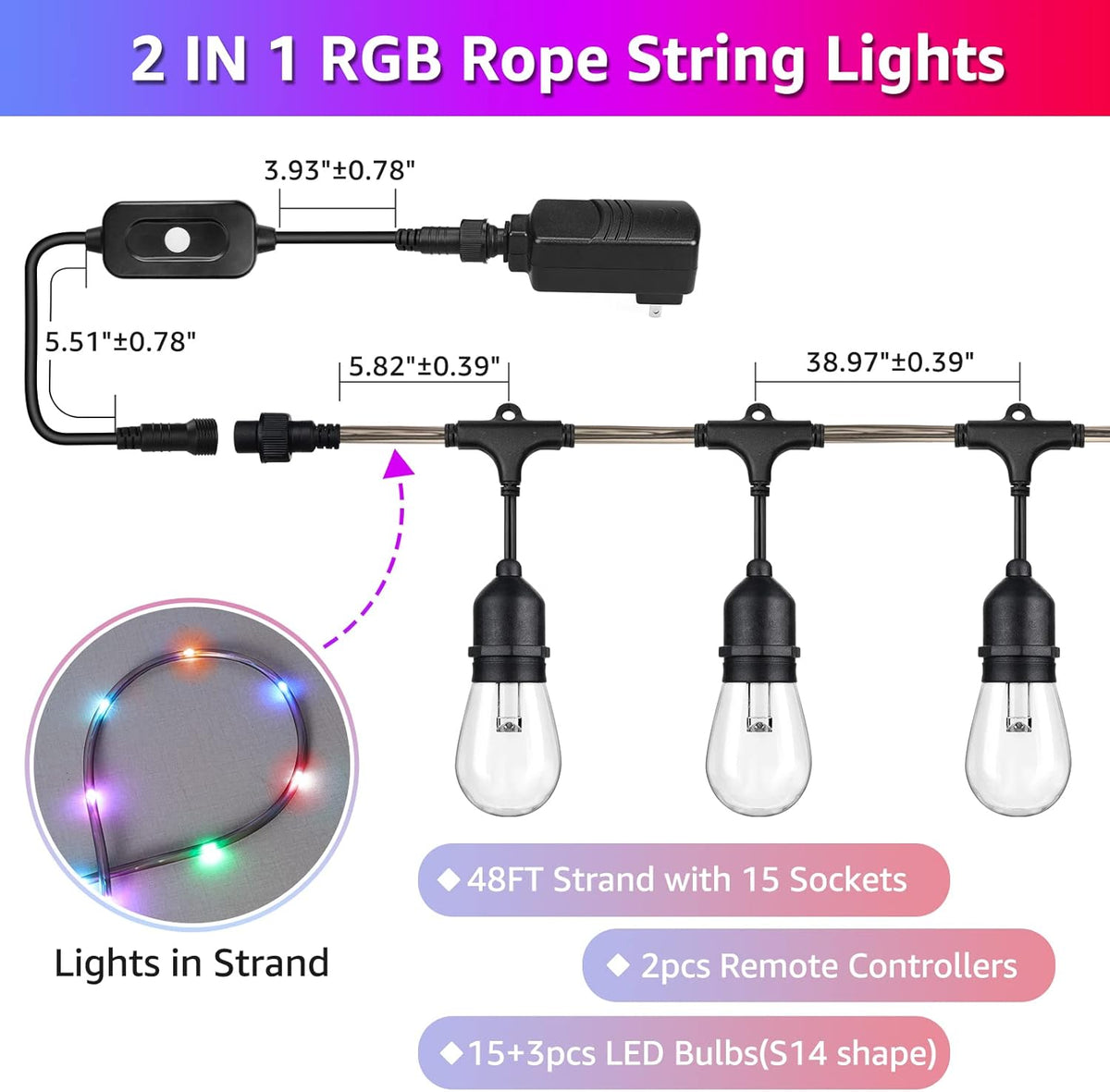 48FT RGB LED String Lights with Remote, Waterproof Edison Bulb Outdoor Lights T348