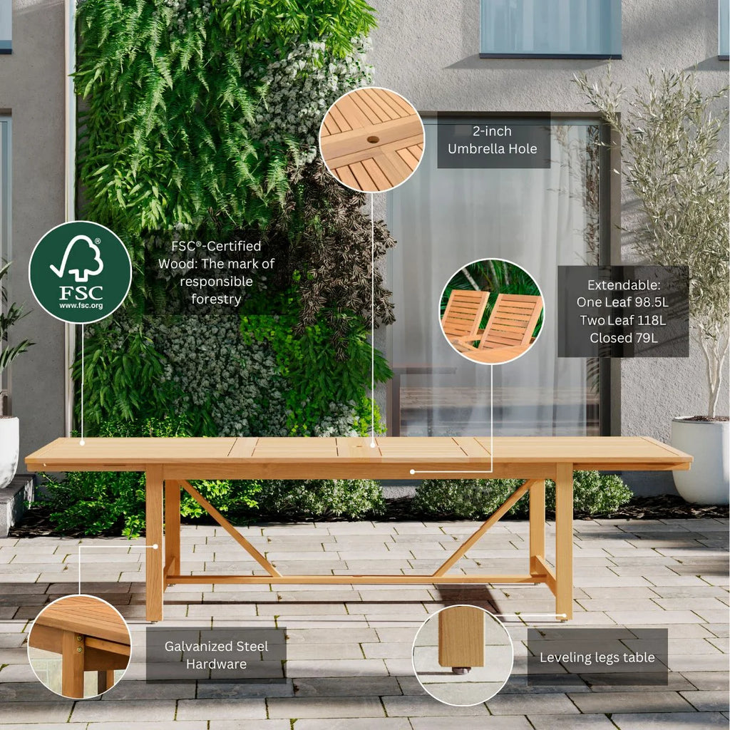 9-Piece Teak Finish Wood Extendable Patio Dining Set Y377