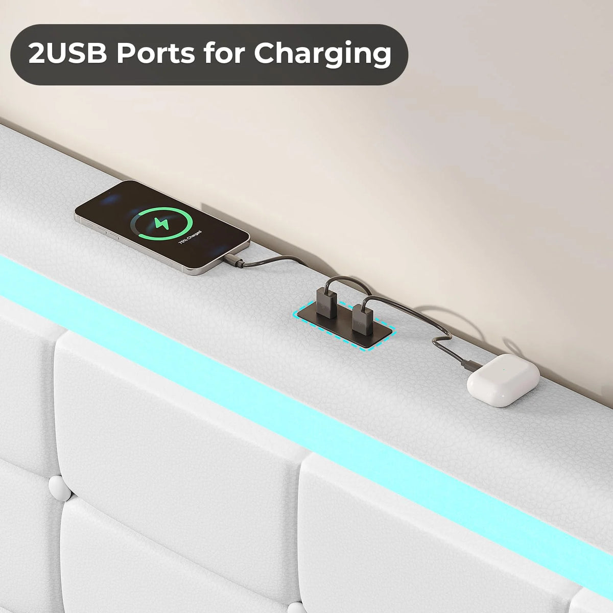 King Bed Frame with Storage Drawers, LED Lights, USB Port, White K4474