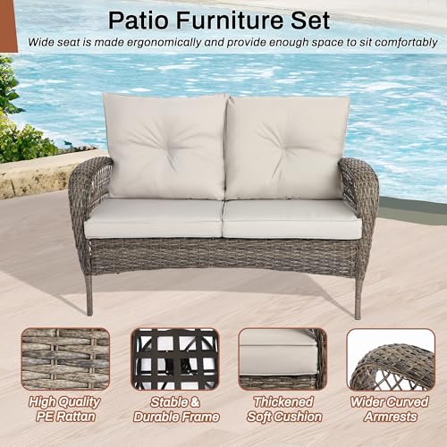 6 Pieces Patio Furniture Set Wicker Sofa with Swivel Rocking Chairs Ottoman Coffee Table Gray A444715