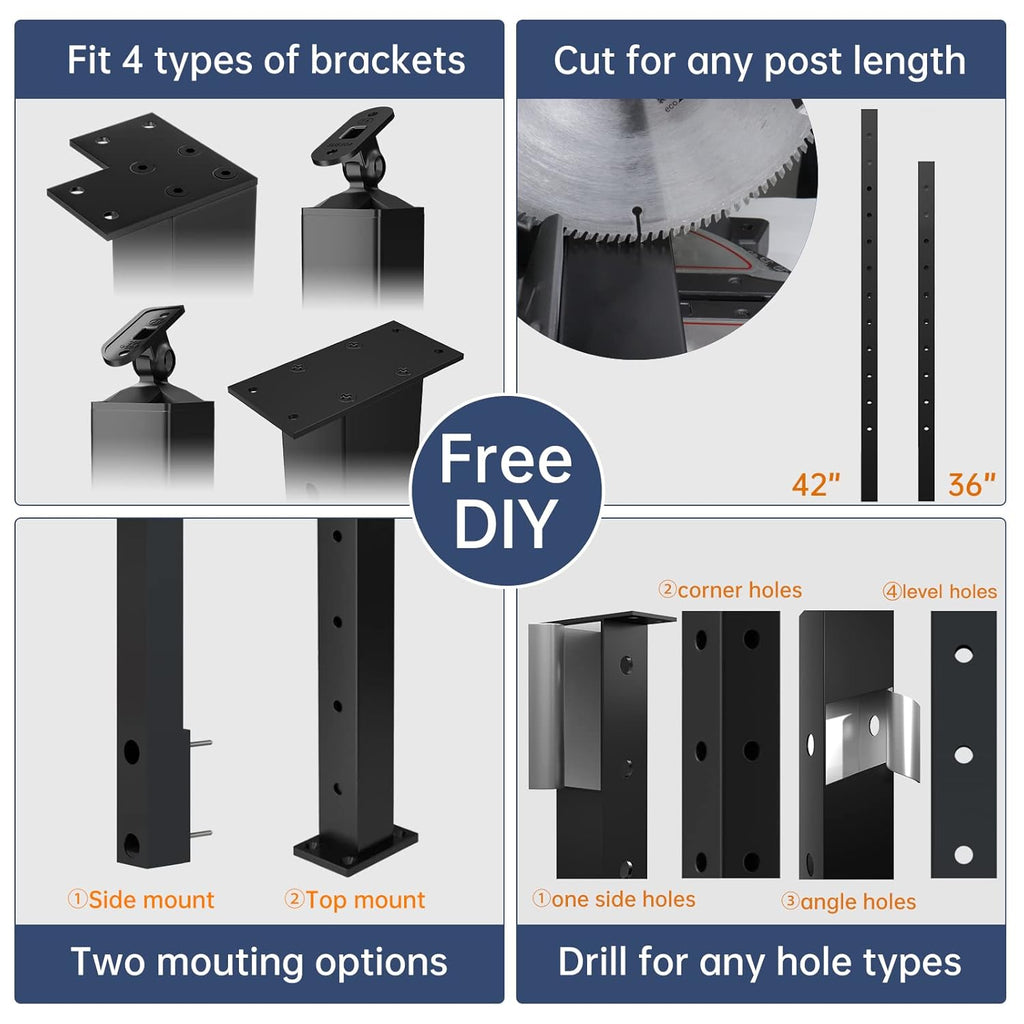 2-Pack 36-42 inch Assembled Weldless 2x2 Square Aluminum Black Powder Coated Side Mount Surface Mount Posts Y167