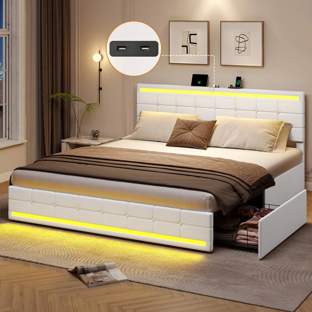 King Bed Frame with Storage Drawers, LED Lights, USB Port, White K4474