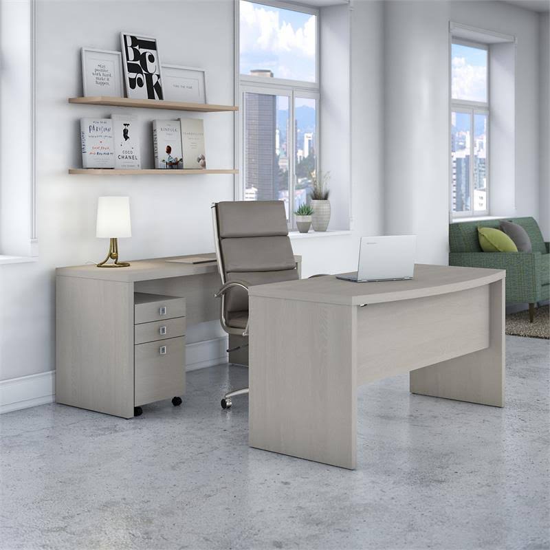 Bow Front Desk and Credenza with Mobile File Cabinet in Gray Sand D248100