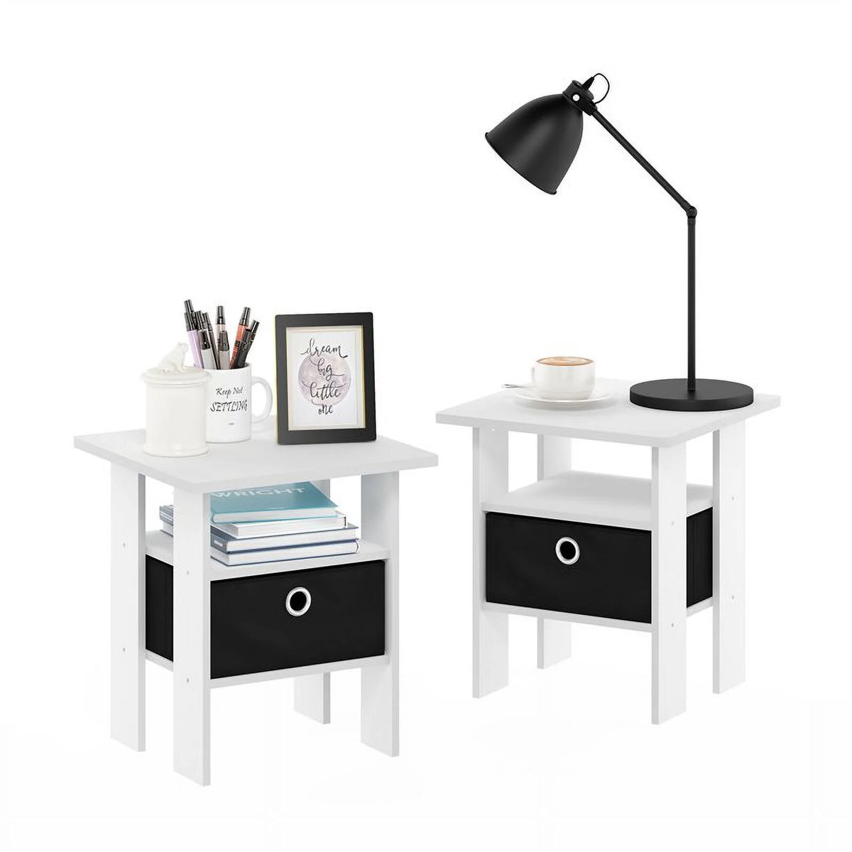 Set of 2 White Black End Table Nightstand with Bin Drawer O583815