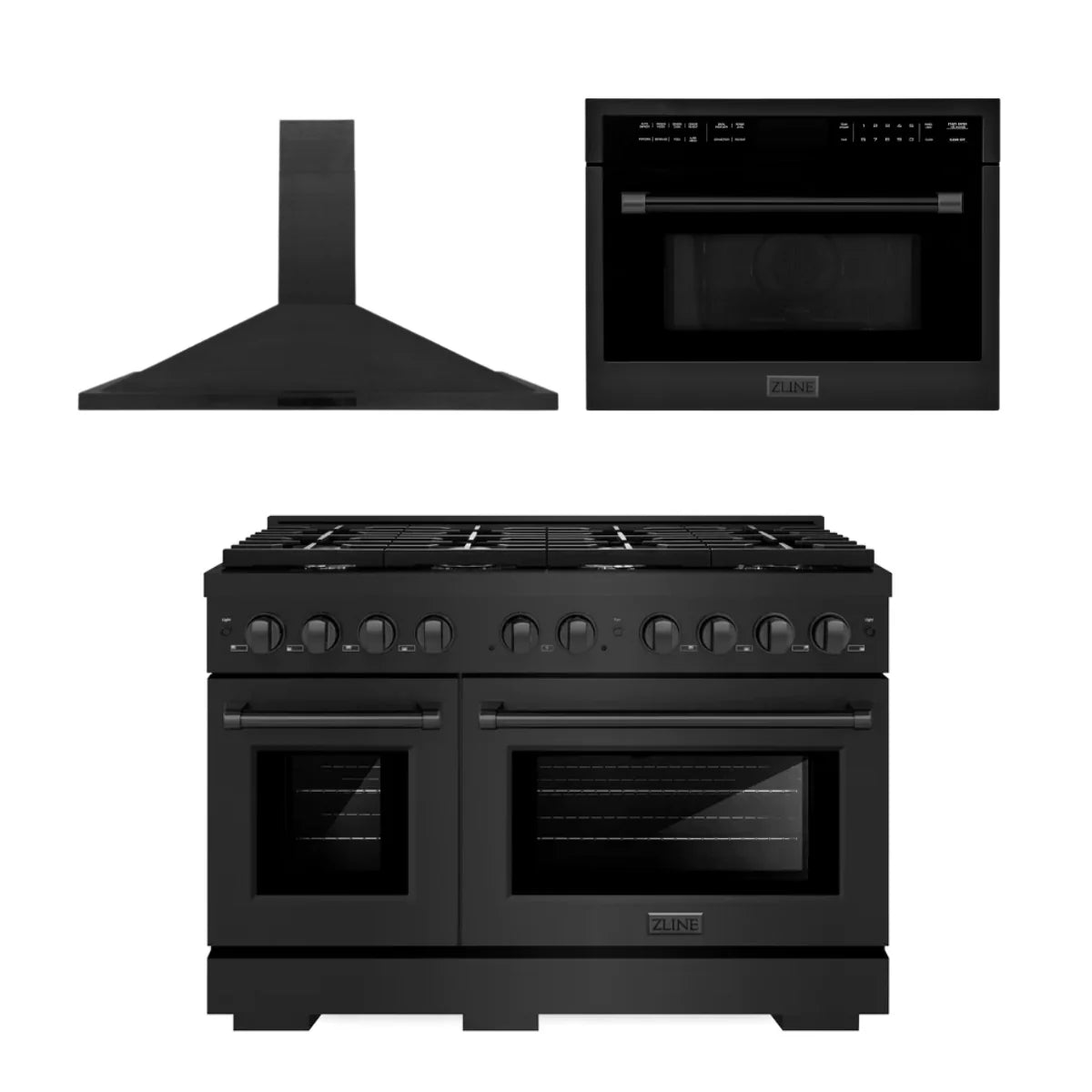 48 in. Gas Range, Range Hood, Microwave Oven in Black O8624