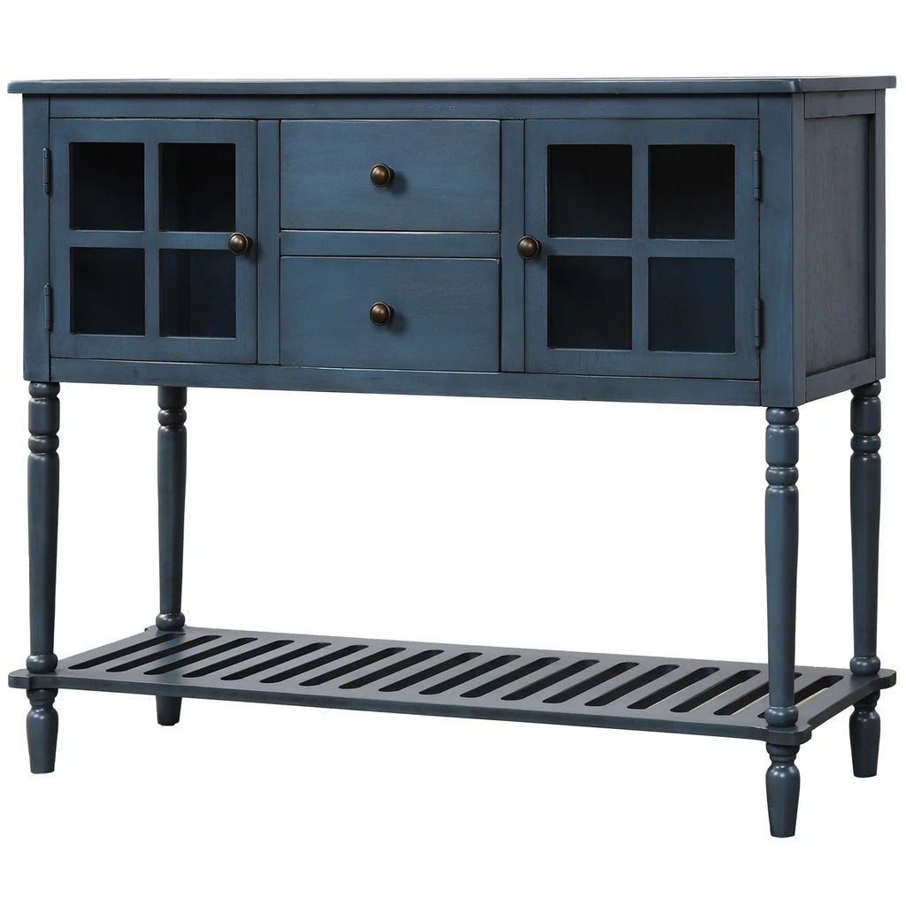 Antique Navy Console Table with Cabinet and Bottom Shelf Q99284
