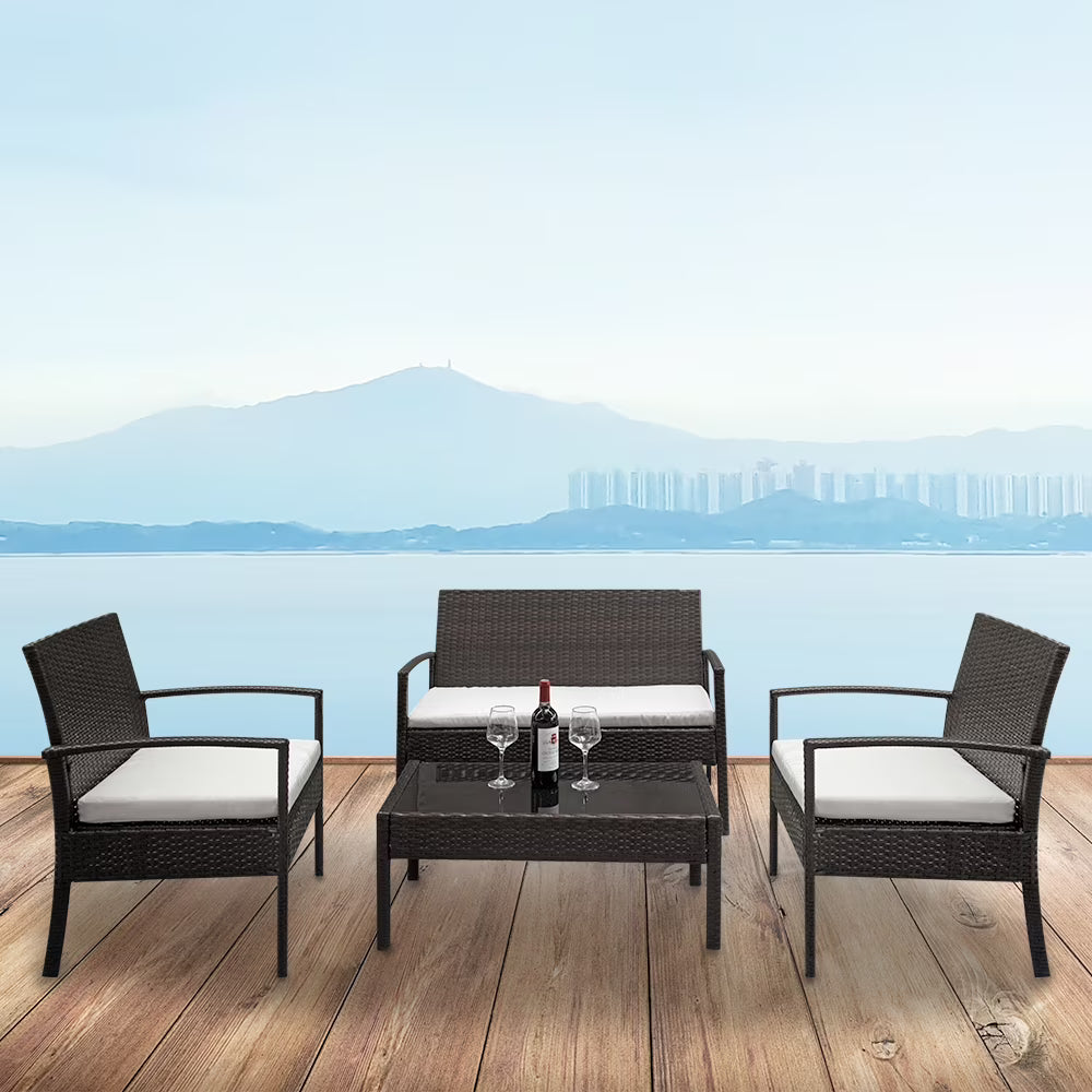 4-Piece Wicker Rattan Sectional Sofa Couch with Glass Coffee Table F6675