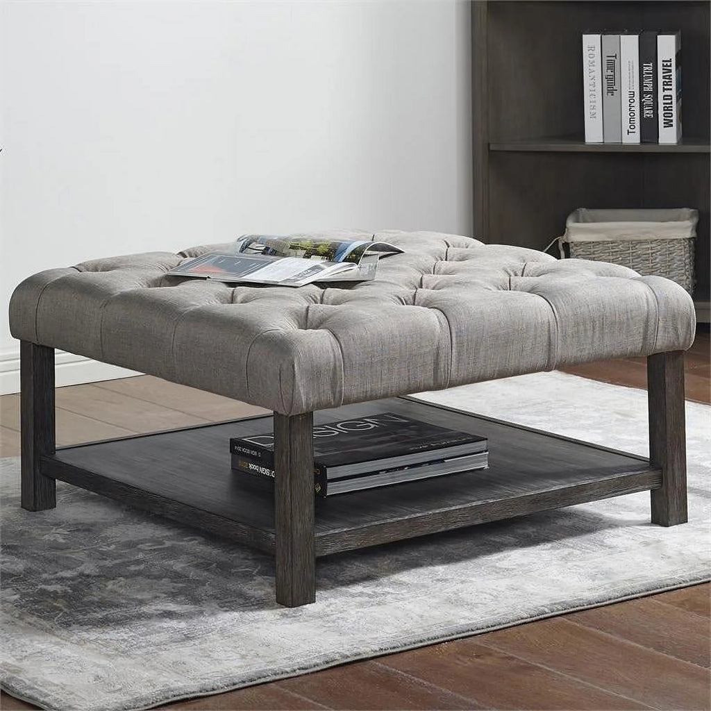 Wood Ottoman in Antique Washed Gray and Light Gray J8845
