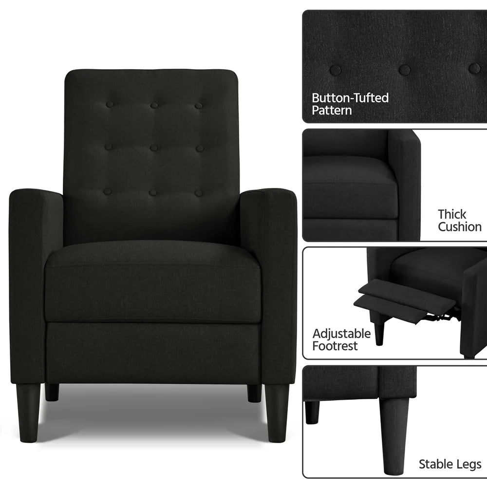 Black Fabric Tufted Recliner Chair with Adjustable Back & Footrest Y176490
