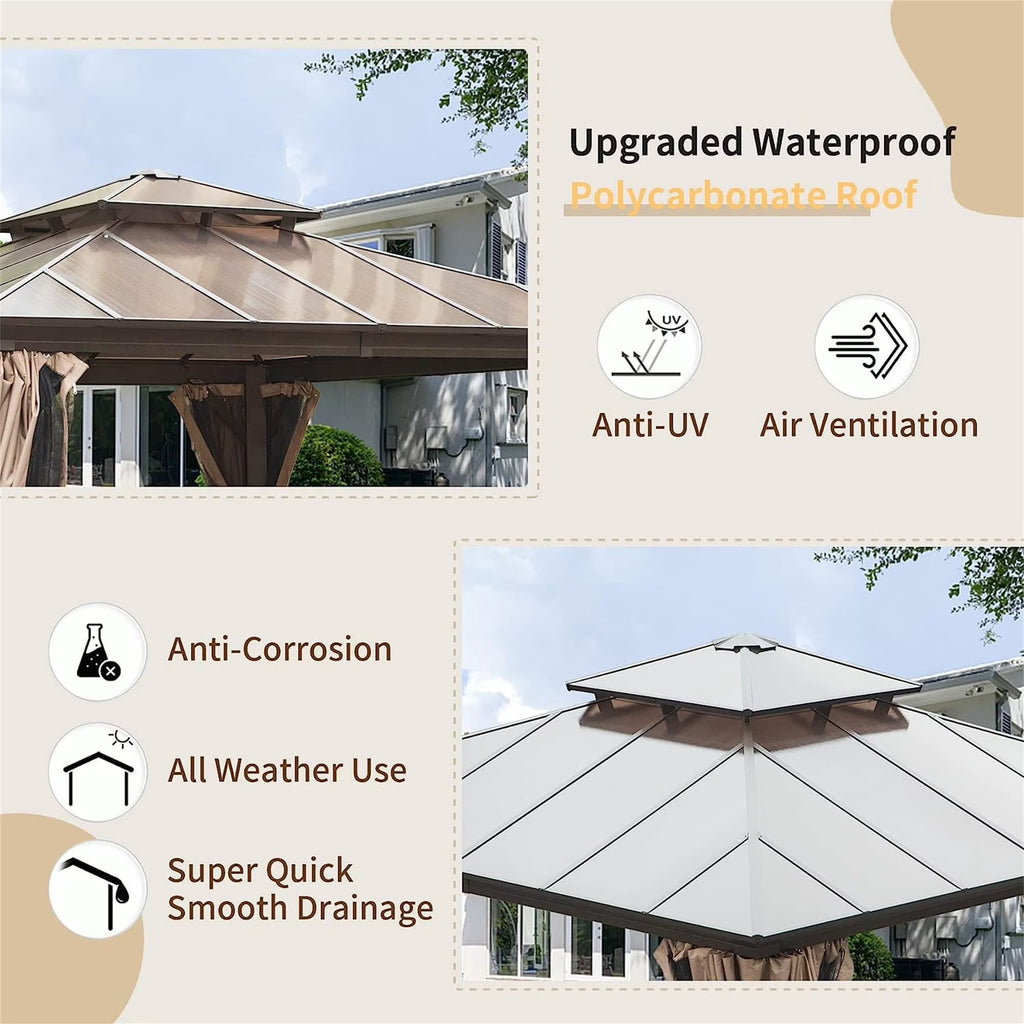 Hardtop Gazebo with Polycarbonate Double Roof, Aluminum Frame, Bug Netting & Privacy Curtains A83899