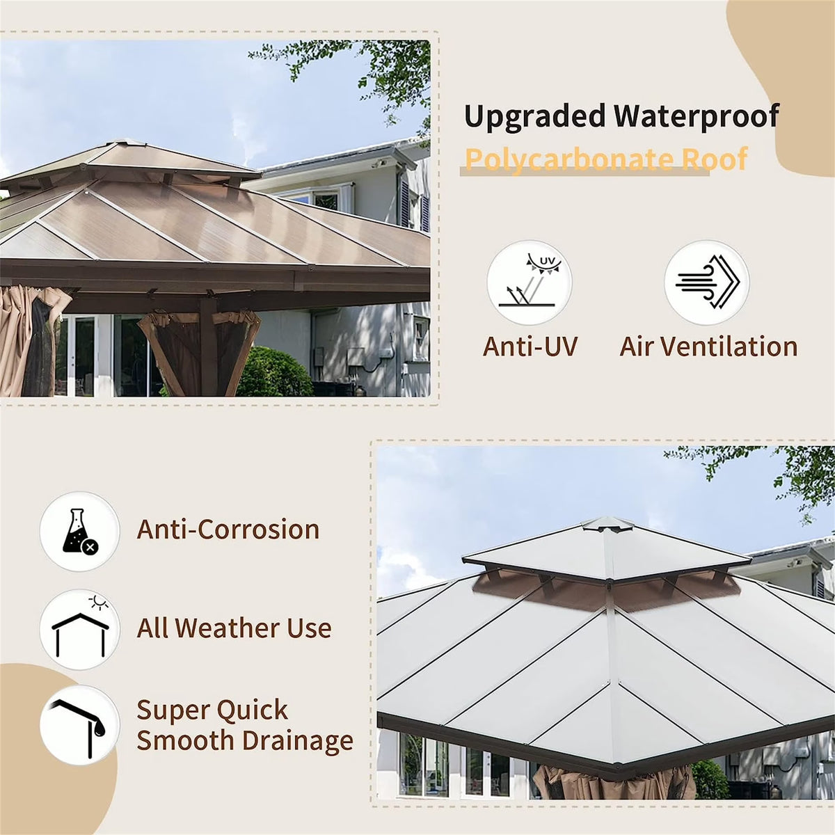 Hardtop Gazebo with Polycarbonate Double Roof, Aluminum Frame, Bug Netting & Privacy Curtains A83899