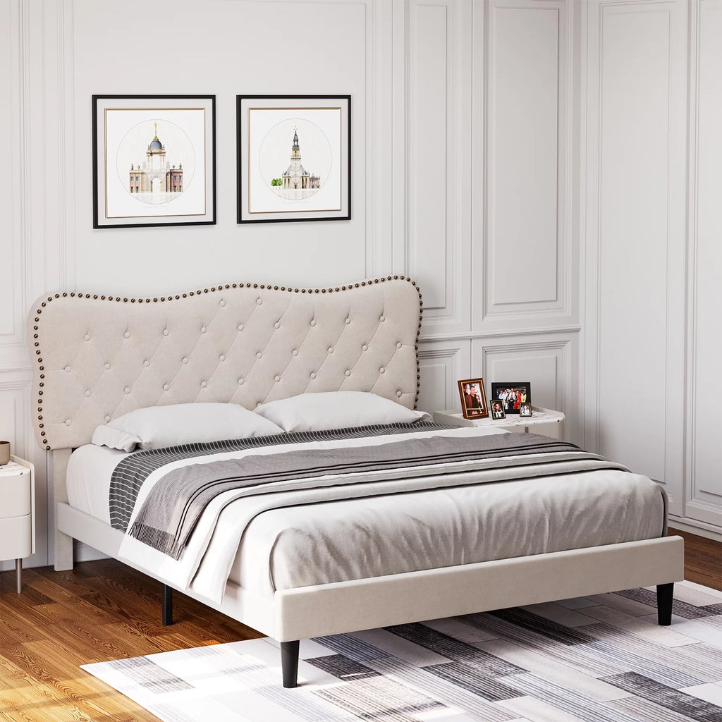 Queen Size Black Linen Upholstered Platform Bed H84229
