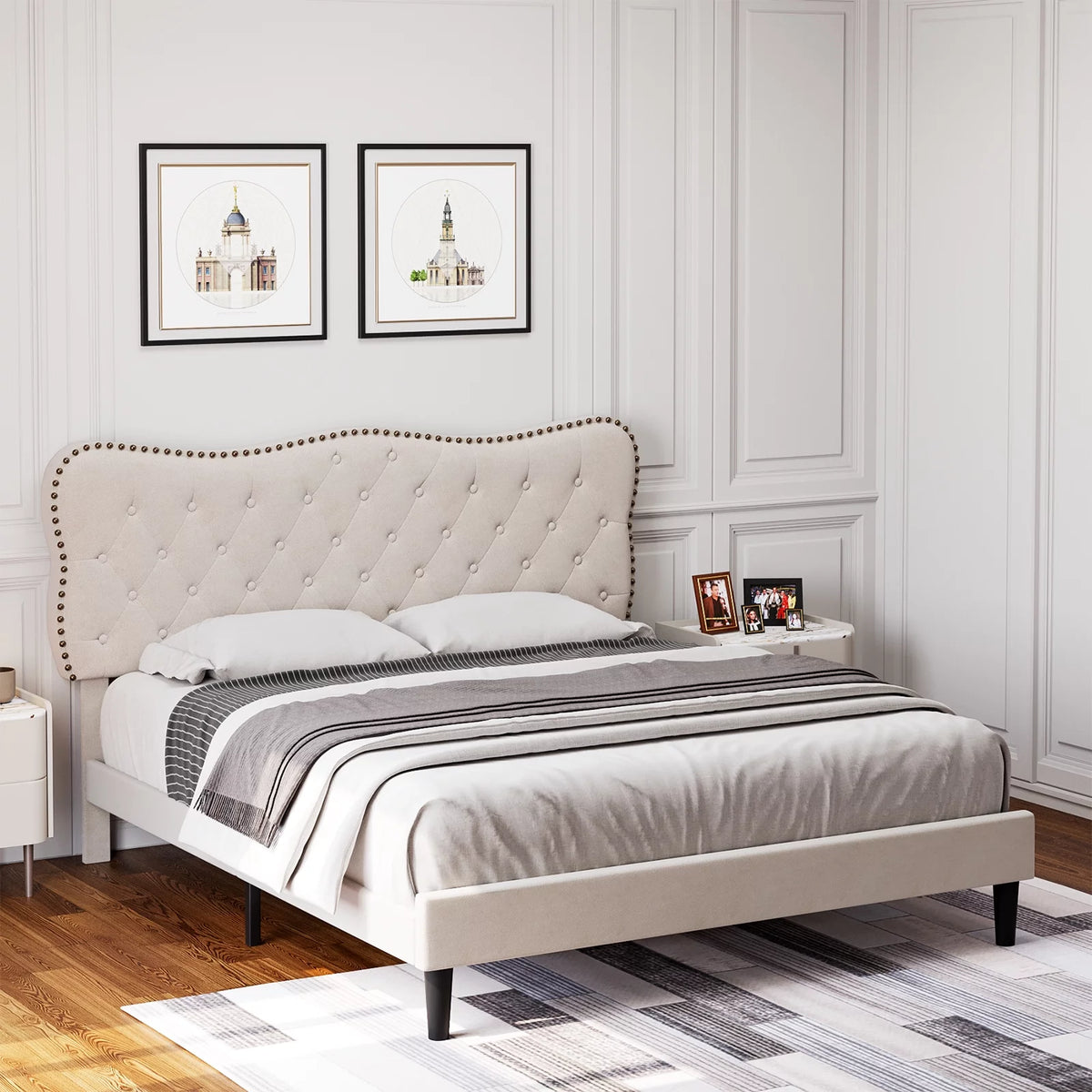 Queen Size Black Linen Upholstered Platform Bed H84229