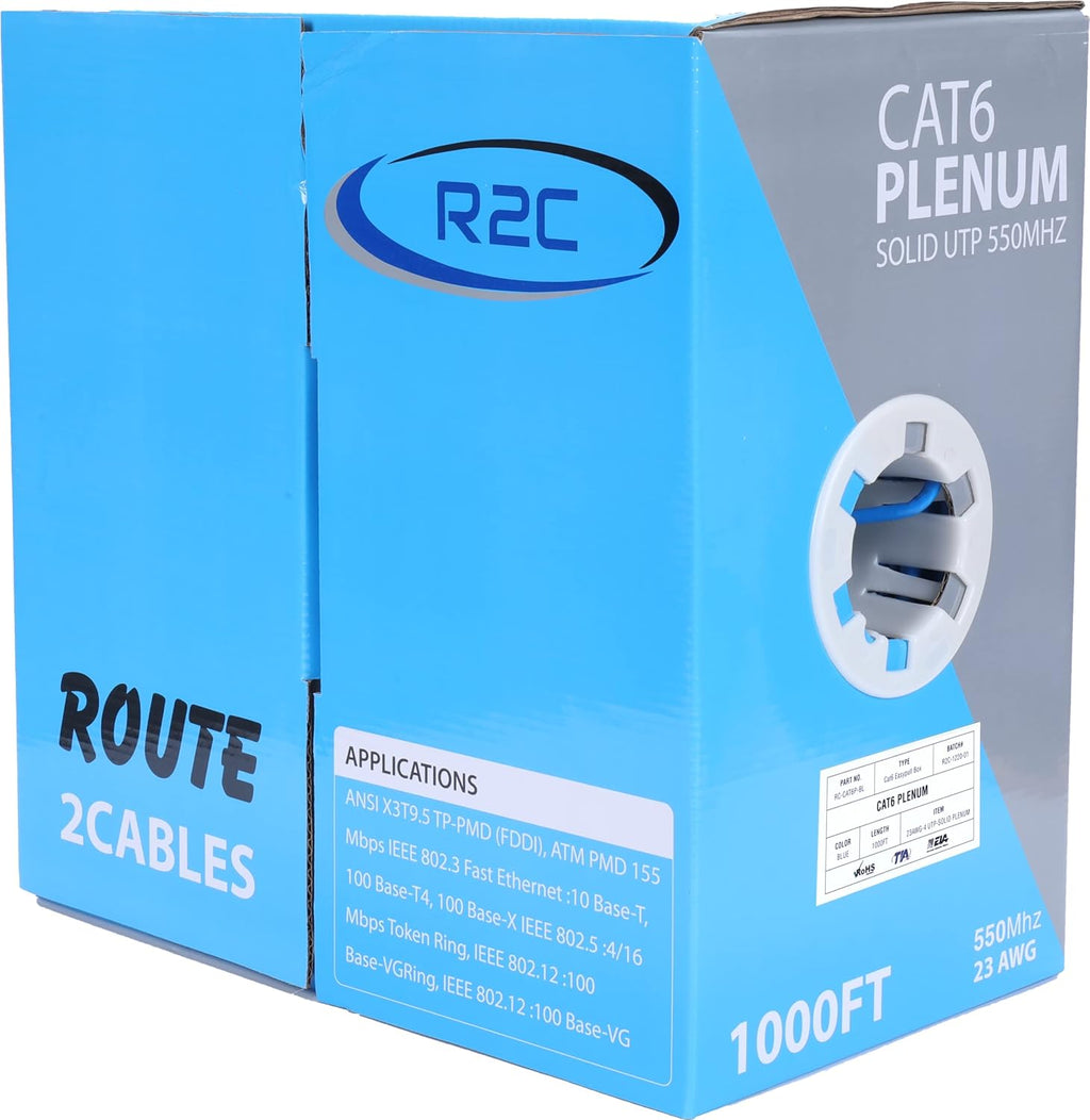 Cat6 Ethernet Cable 1000ft, Plenum-Rated, 23AWG, 4 Pair, 550MHZ UTP CMP Cable I4553