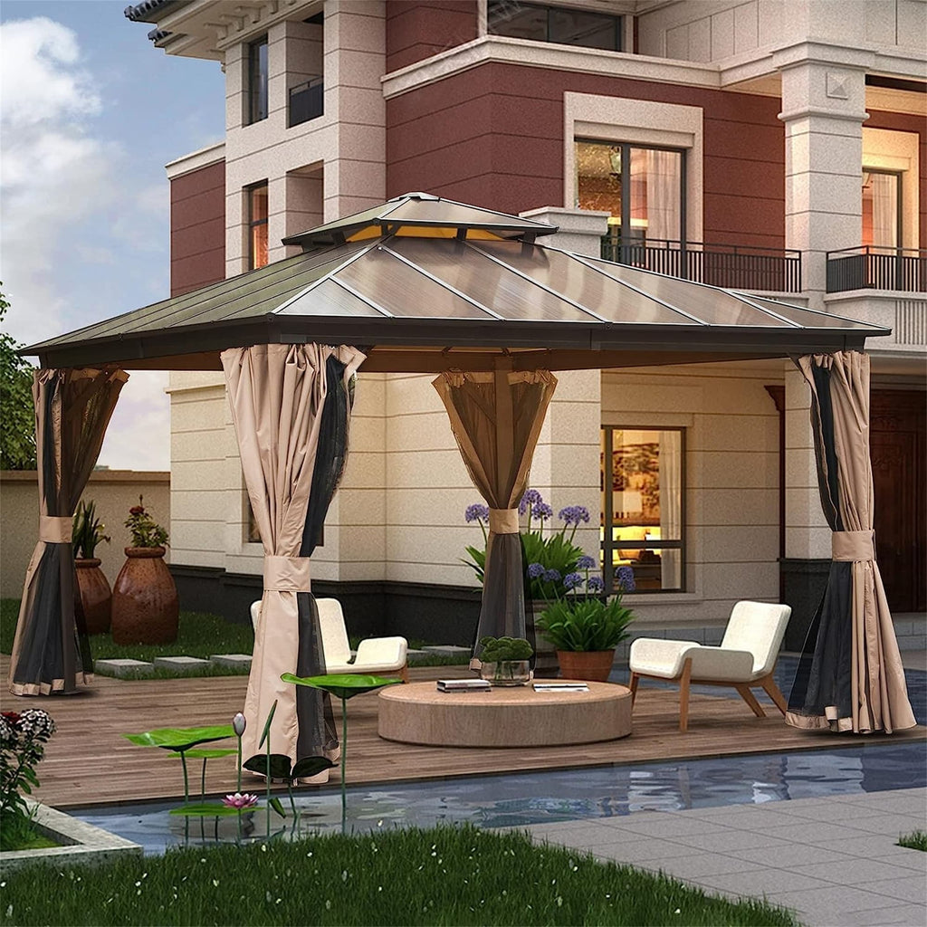Hardtop Gazebo with Polycarbonate Double Roof, Aluminum Frame, Bug Netting & Privacy Curtains A83899