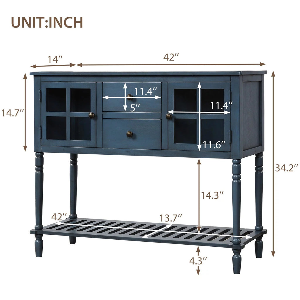 Antique Navy Console Table with Cabinet and Bottom Shelf Q99284