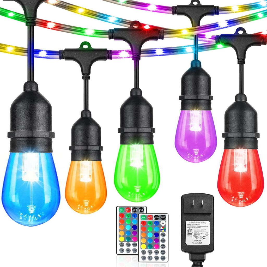 48FT RGB LED String Lights with Remote, Waterproof Edison Bulb Outdoor Lights T348