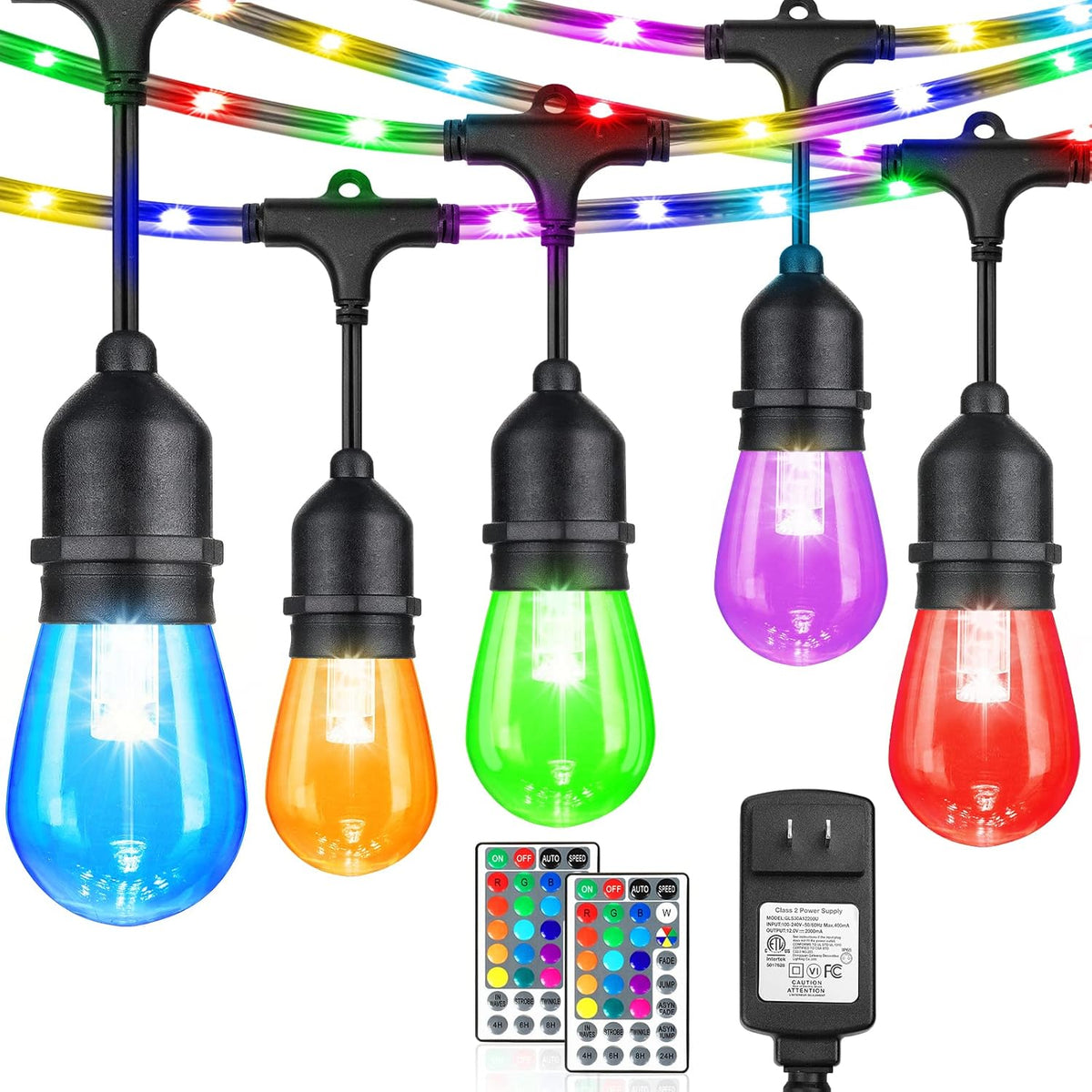 48FT RGB LED String Lights with Remote, Waterproof Edison Bulb Outdoor Lights T348