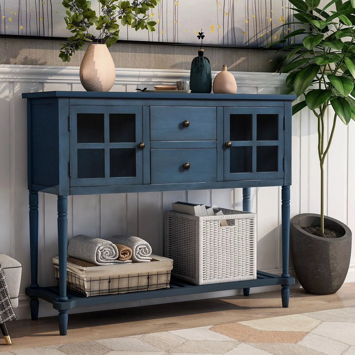 Antique Navy Console Table with Cabinet and Bottom Shelf Q99284