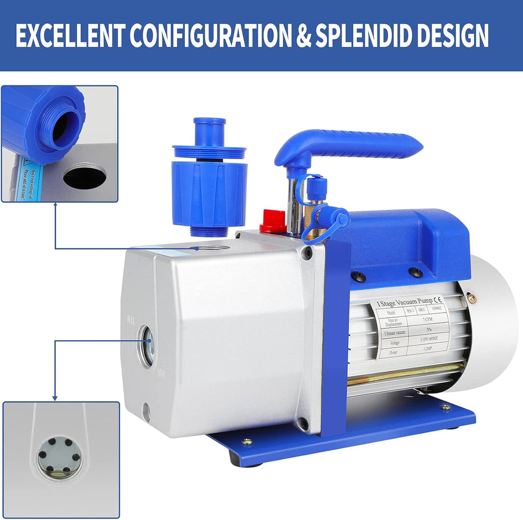 7 CFM Rotary Vane Vacuum Pump, 1/2 HP, 5 Pa, 110V/60Hz, 250ml Oil Capacity R197971