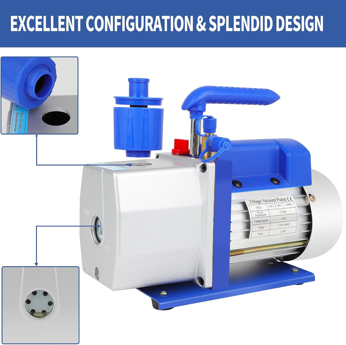 7 CFM Rotary Vane Vacuum Pump, 1/2 HP, 5 Pa, 110V/60Hz, 250ml Oil Capacity R197971