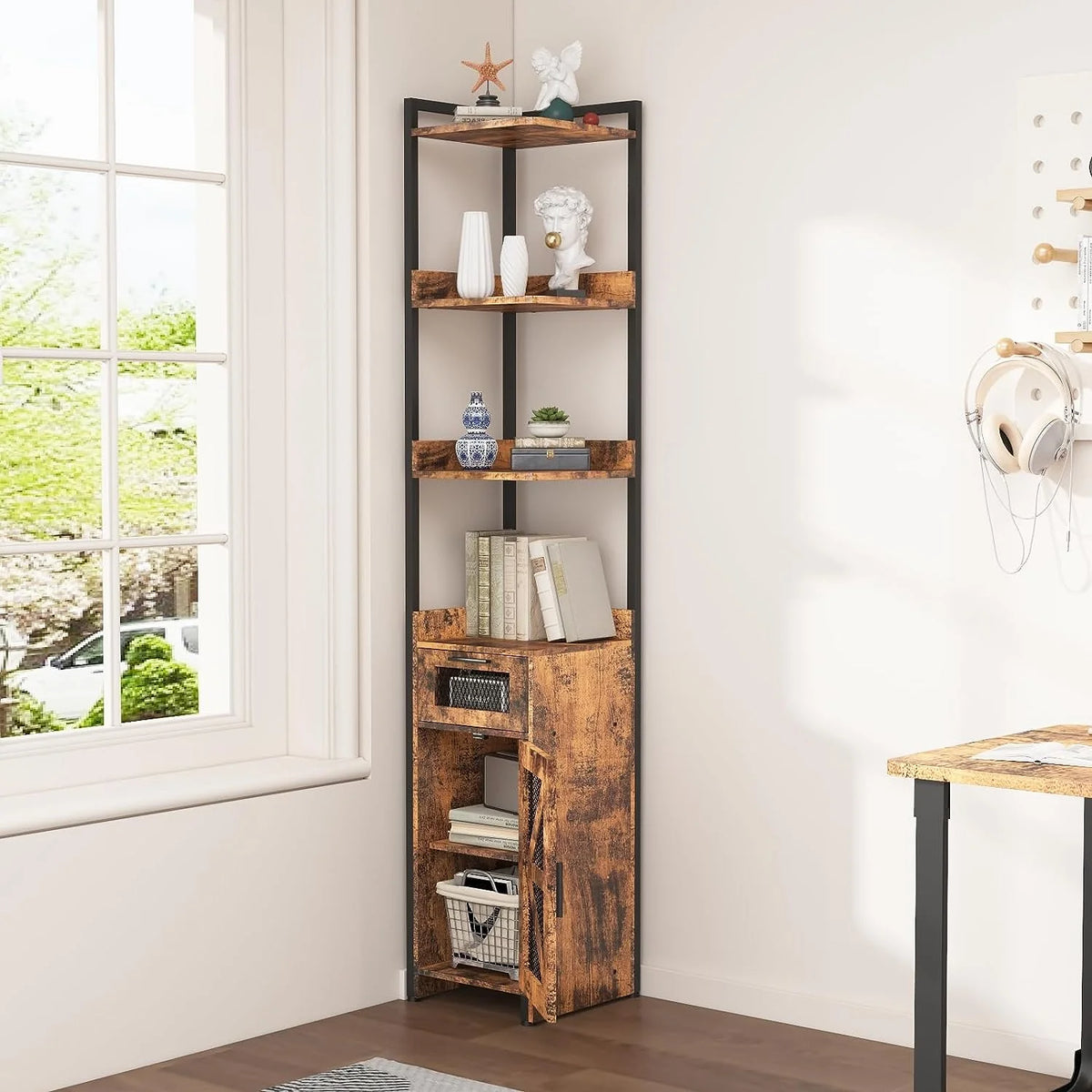 Grey 7-Tier Corner Cabinet with Drawer H514346