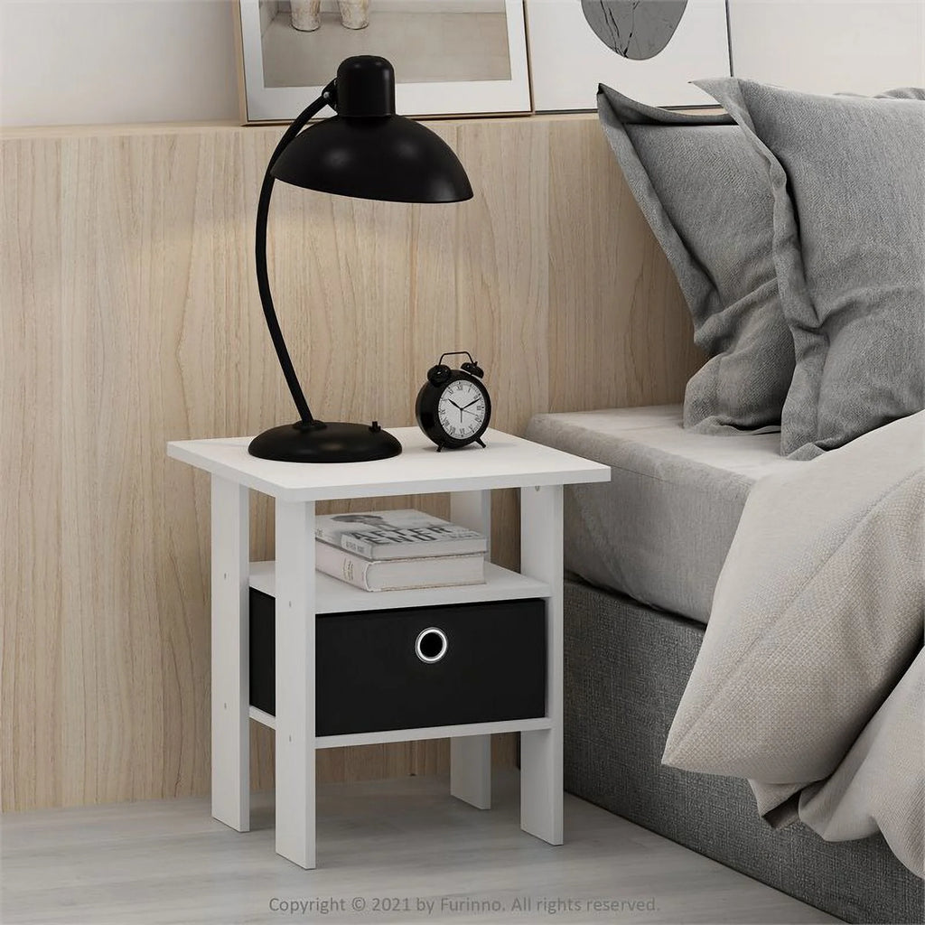 Set of 2 White Black End Table Nightstand with Bin Drawer O583815