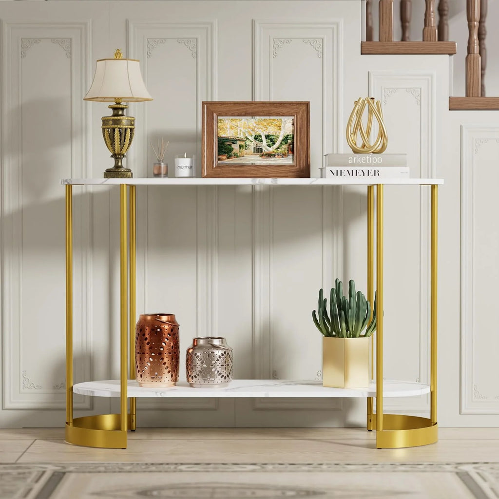 Gold 2-Tier Faux Marble Console Table T6847