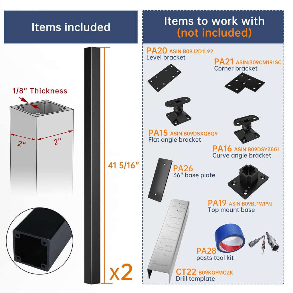 2-Pack 36-42 inch Assembled Weldless 2x2 Square Aluminum Black Powder Coated Side Mount Surface Mount Posts Y167