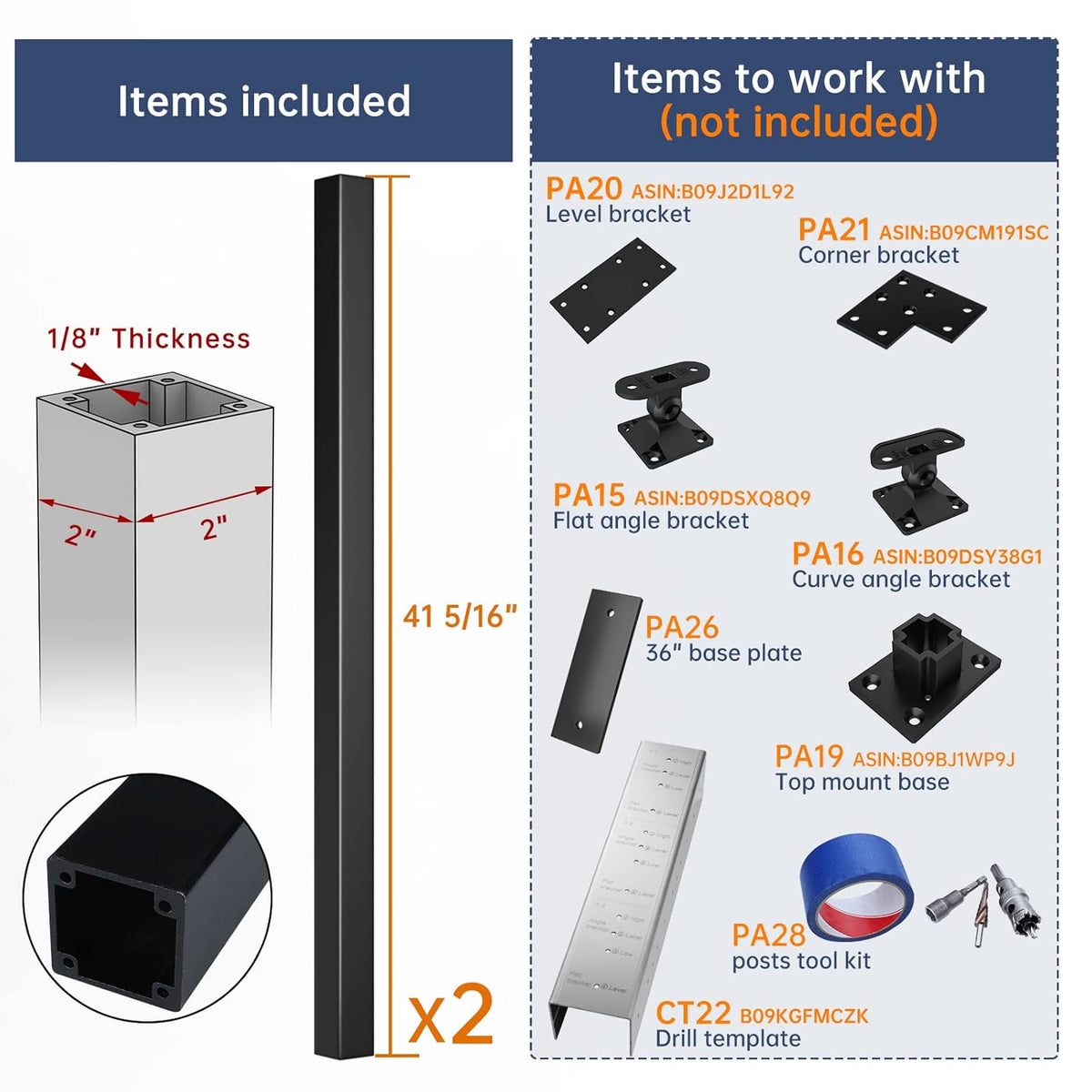 2-Pack 36-42 inch Assembled Weldless 2x2 Square Aluminum Black Powder Coated Side Mount Surface Mount Posts Y167