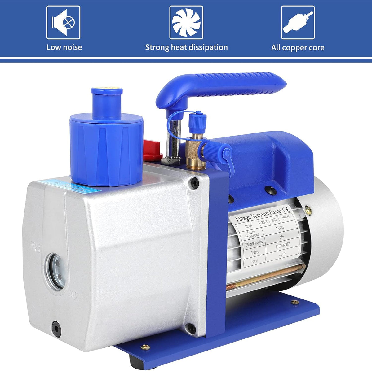 7 CFM Rotary Vane Vacuum Pump, 1/2 HP, 5 Pa, 110V/60Hz, 250ml Oil Capacity R197971