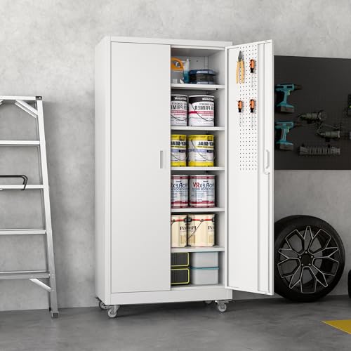 Lockable Metal Garage Storage Cabinet with Wheels and 4 Adjustable Shelves F690