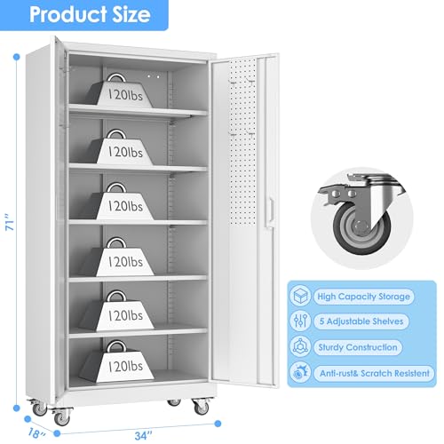 Lockable Metal Garage Storage Cabinet with Wheels and 4 Adjustable Shelves F690