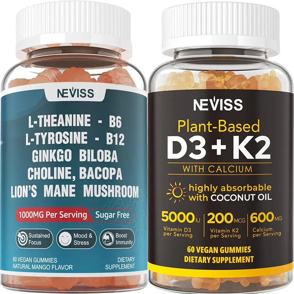 Sugar Free L-Tyrosine L-Theanine Gummies 120 Counts + Sugar Free D3 5000IU K2 Gummies 120 Counts I173152