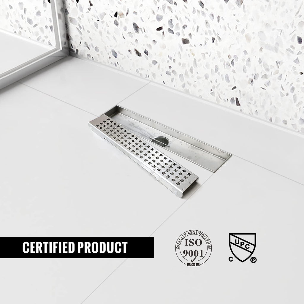 Brushed 304 Stainless Steel 12 inch Linear Shower Drain with Removable Grid Panel O441