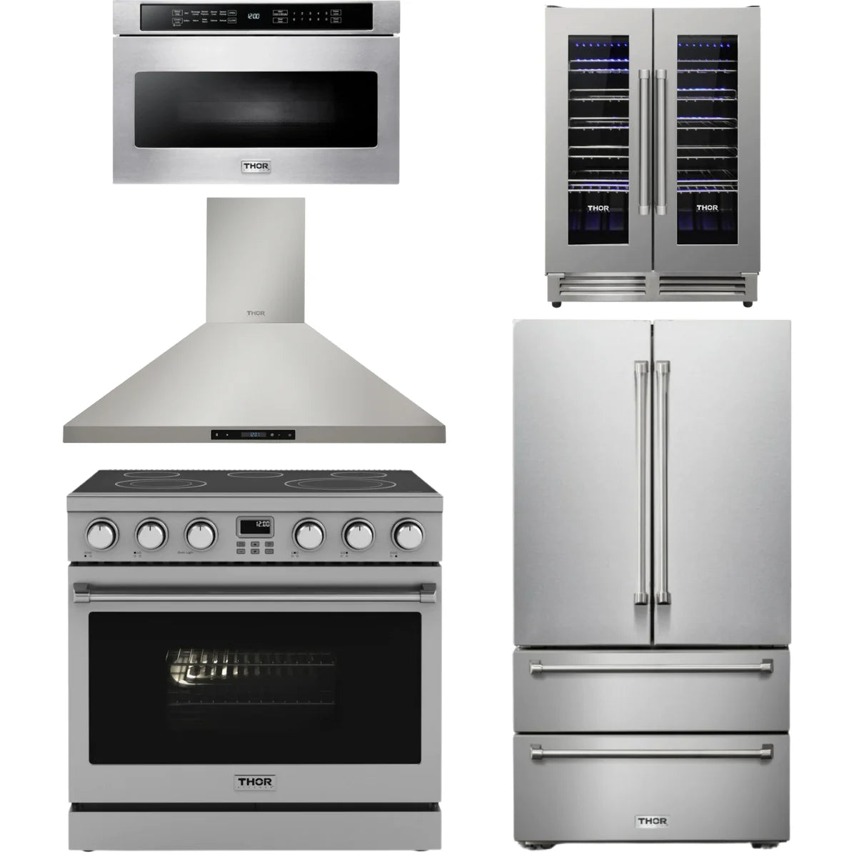 36 Electric Range, Range Hood, Refrigerator, Microwave and Wine Cooler V7127