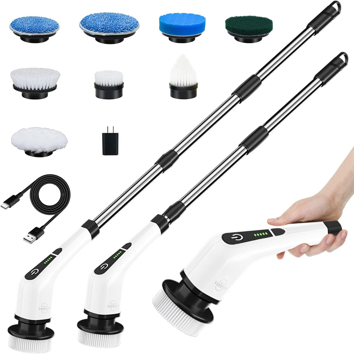Cordless Electric Spin Scrubber with 8 Replaceable Brush Heads, 54 Inch Adjustable Handle, Pack of 2 T728327