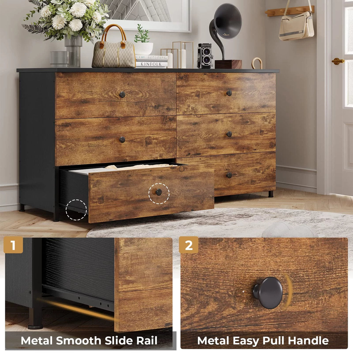 Brown 6 Drawer Double Dresser S238