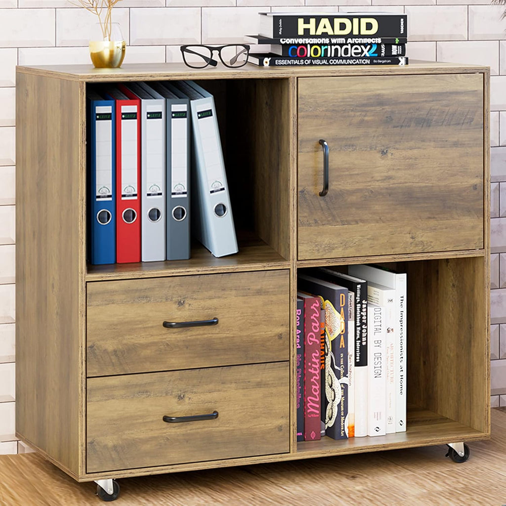 Rustic Brown 2 Drawer Wood Lateral File Cabinet with Door X4317